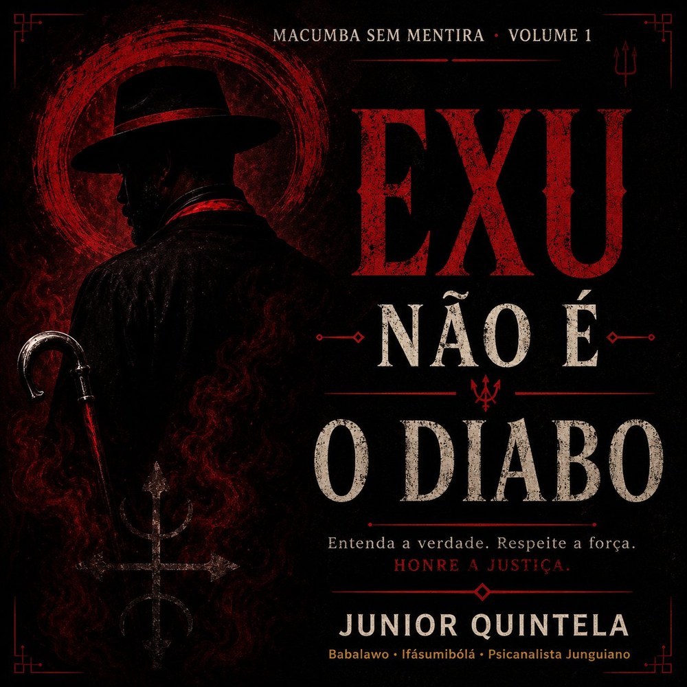 Capa do livro: Exu Não É o Diabo — silhueta de figura de chapéu com bengala diante de um círculo de fogo vermelho